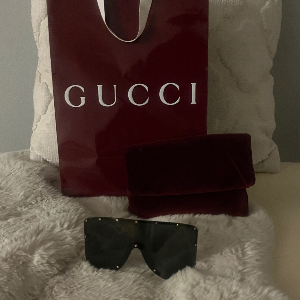 Gucci Black Shield Sunglasses with Gold Stud Accents